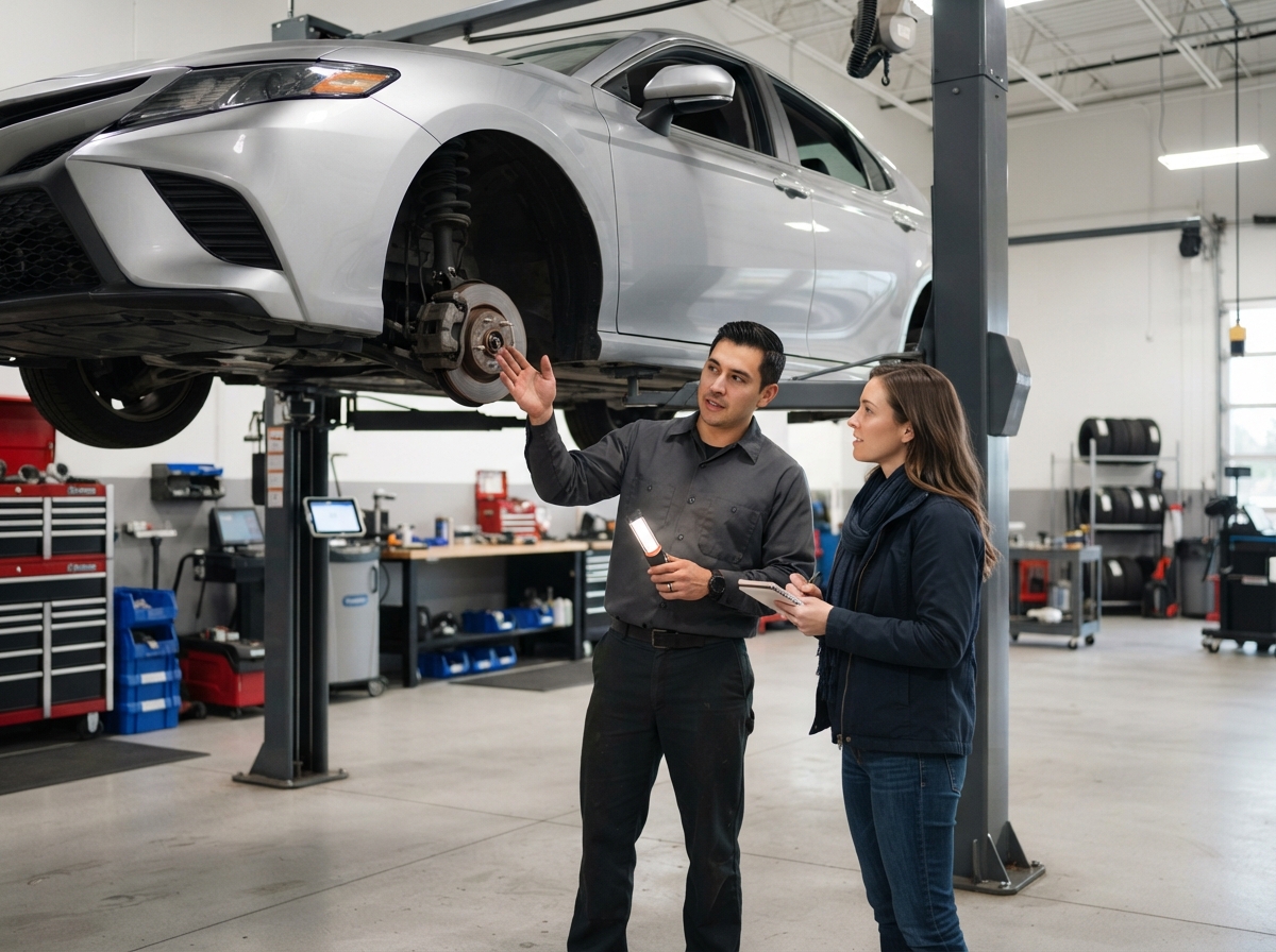 Rollins Auto Repair mechanic explaining repairs to a customer in Windsor Locks, CT