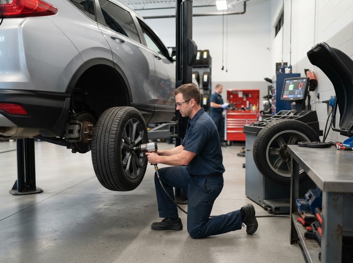 Tire rotation being performed at Rollins Auto Repair in Windsor Locks, CT