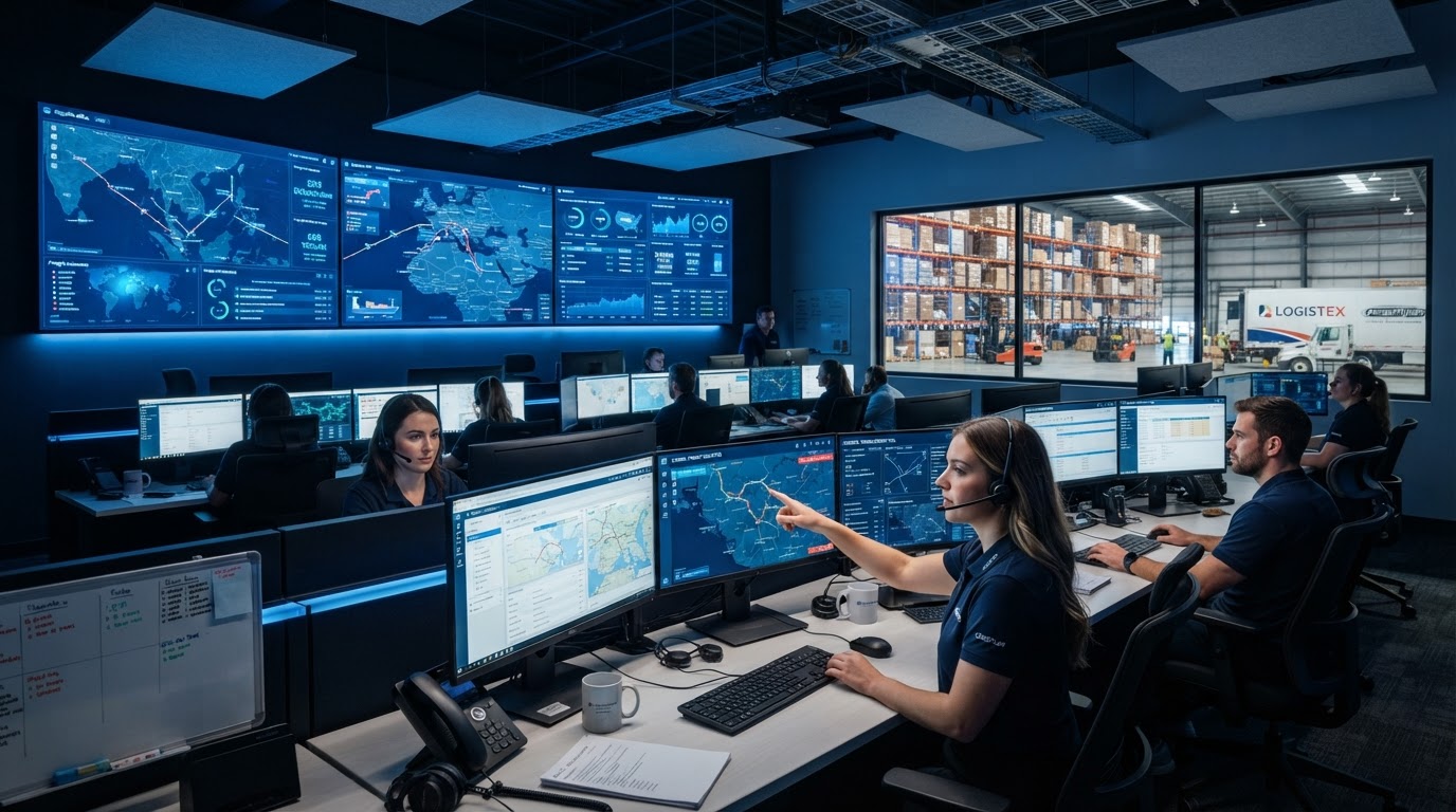 Transportation and logistics hub with trucks and digital tracking systems