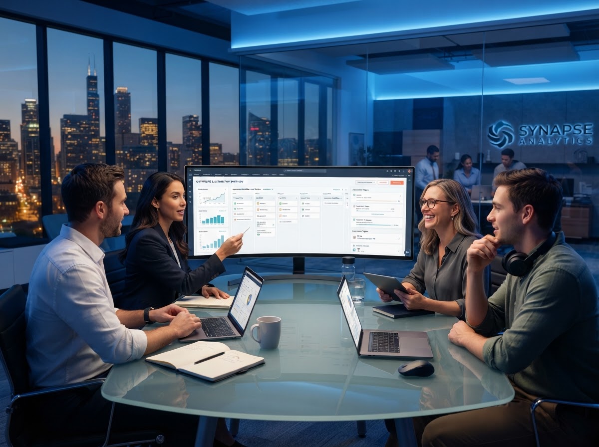 Business team reviewing automation systems and CRM pipelines together in a modern office