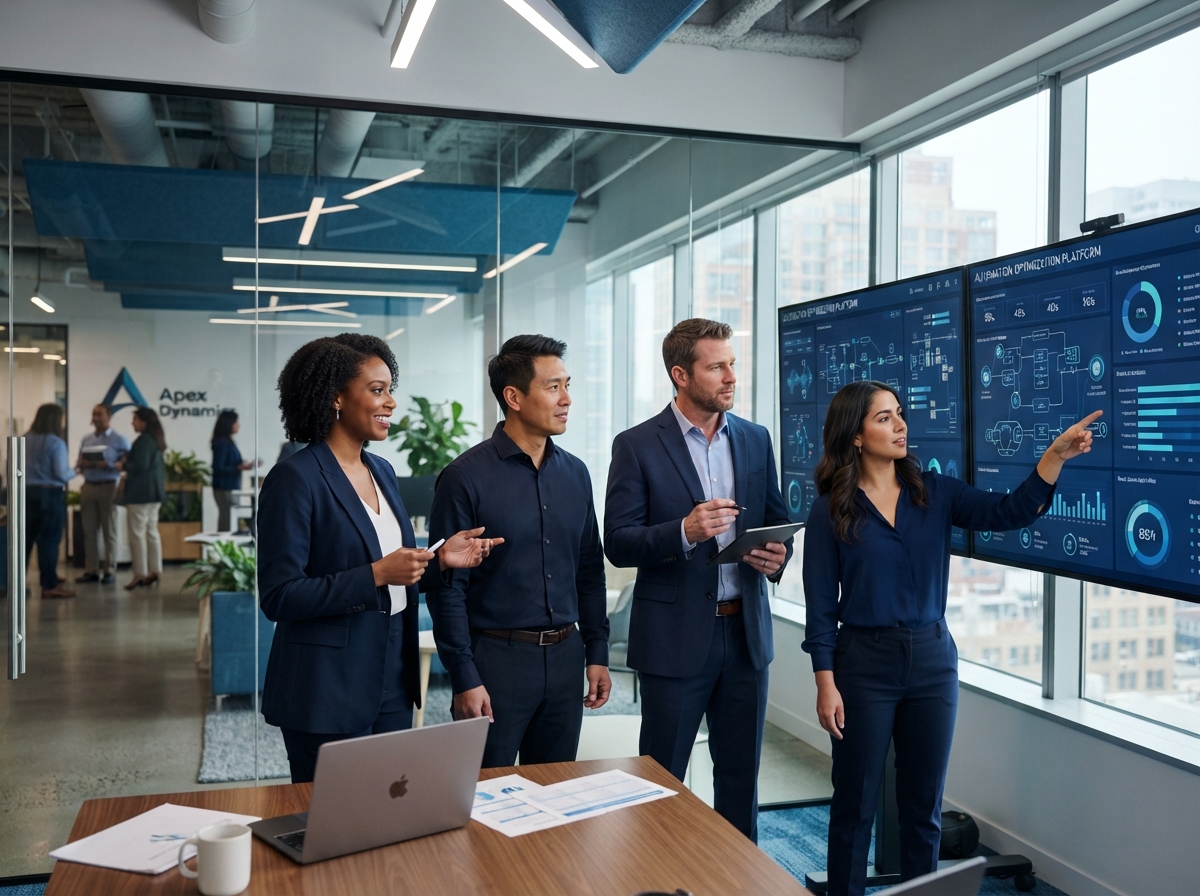 American Automation Works team reviewing CRM dashboards and automation workflows in a modern office