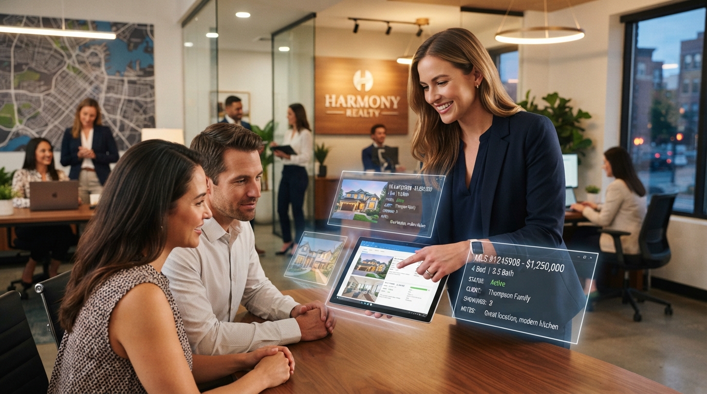 Real estate agent with property listings and CRM dashboard