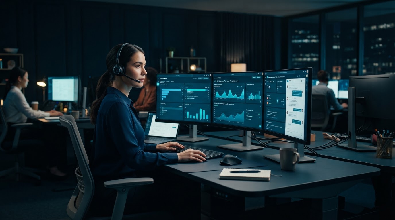 KI-Service-Center mit Mitarbeiterin am Headset und Chat-Dashboards auf Monitoren