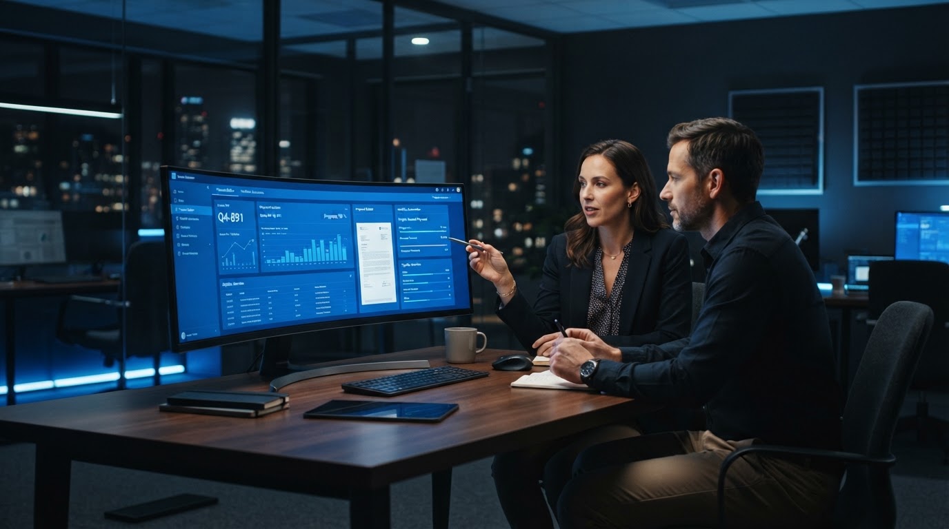 B2B-Team erstellt digitale Angebote mit KI-Angebotssoftware und blauen Datenvisualisierungen