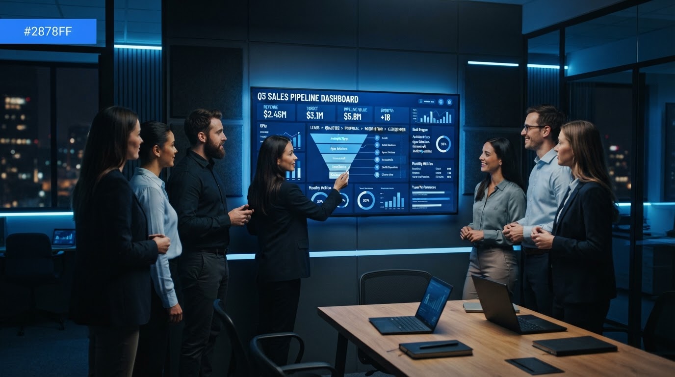 B2B-Vertriebsteam analysiert eine steuerbare Sales-Pipeline auf einem großen Monitor