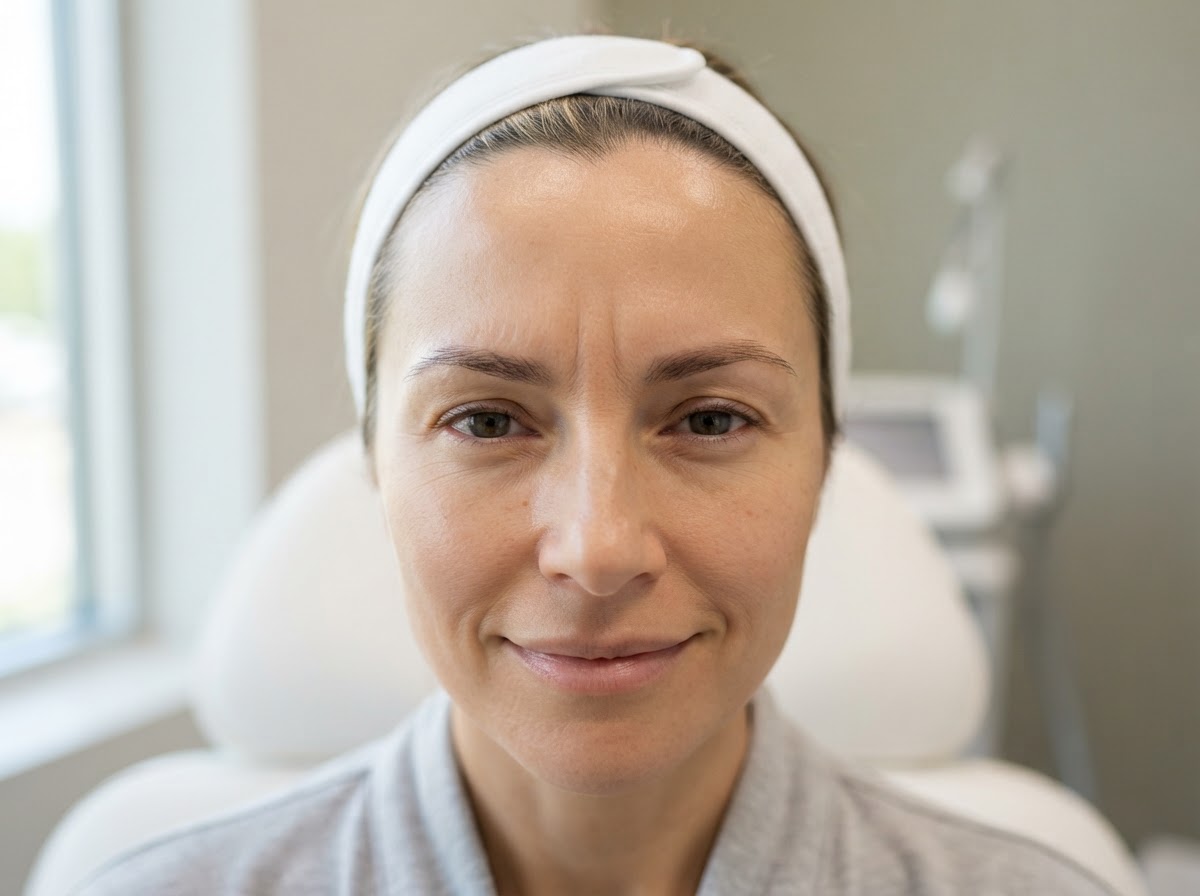 Botox after treatment with smoothed frown lines and relaxed forehead