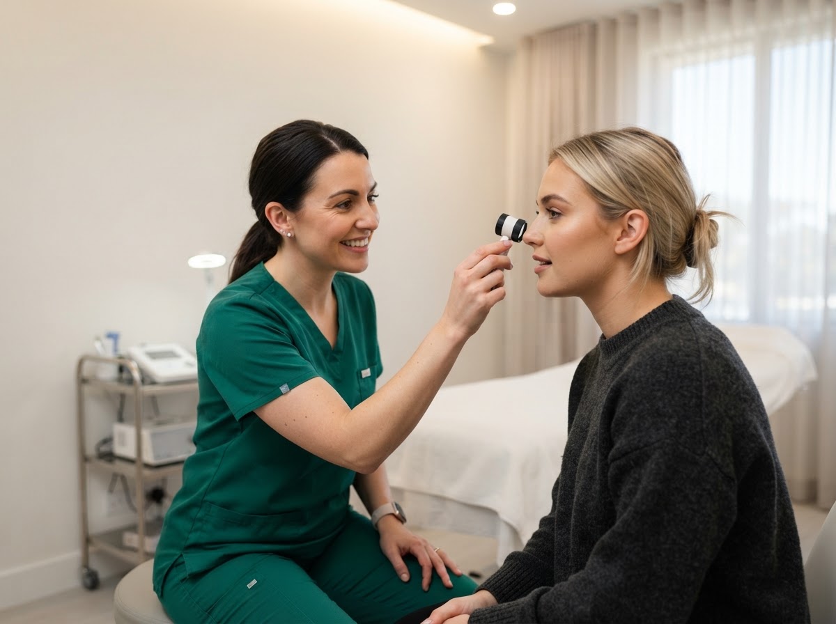 Skin concerns consultation at Arkatiea Aesthetics — nurse without mask with client in regular clothing