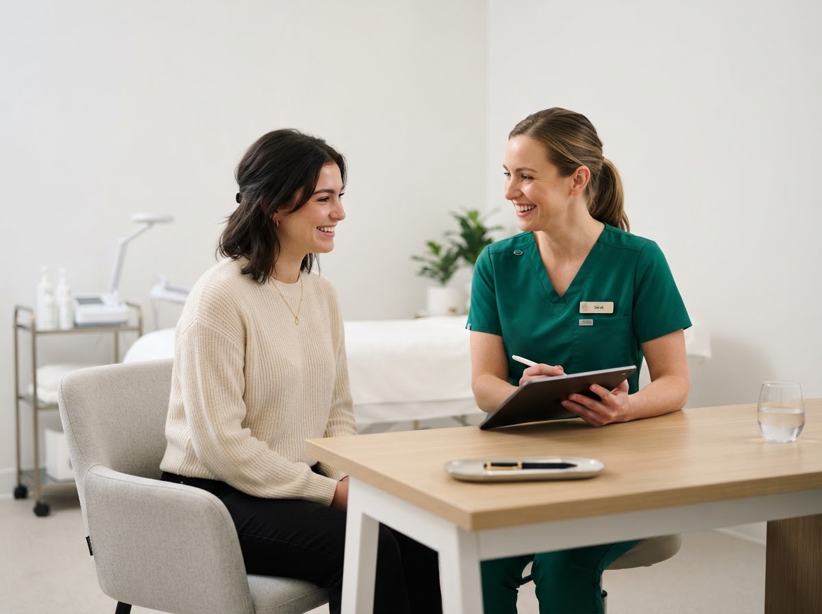 Nurse in emerald green scrubs without mask consulting with patient in regular clothing at Arkatiea Med Spa