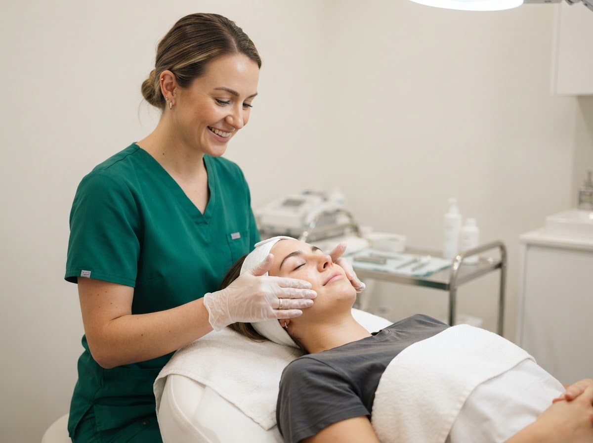 Nurse in emerald green scrubs without mask wearing white translucent gloves performing treatment on client in regular clothing