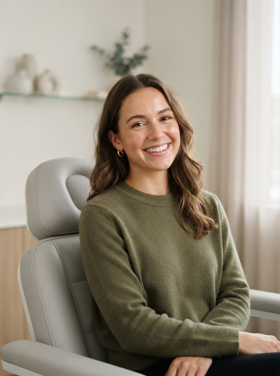 Confident client with glowing skin in regular clothing