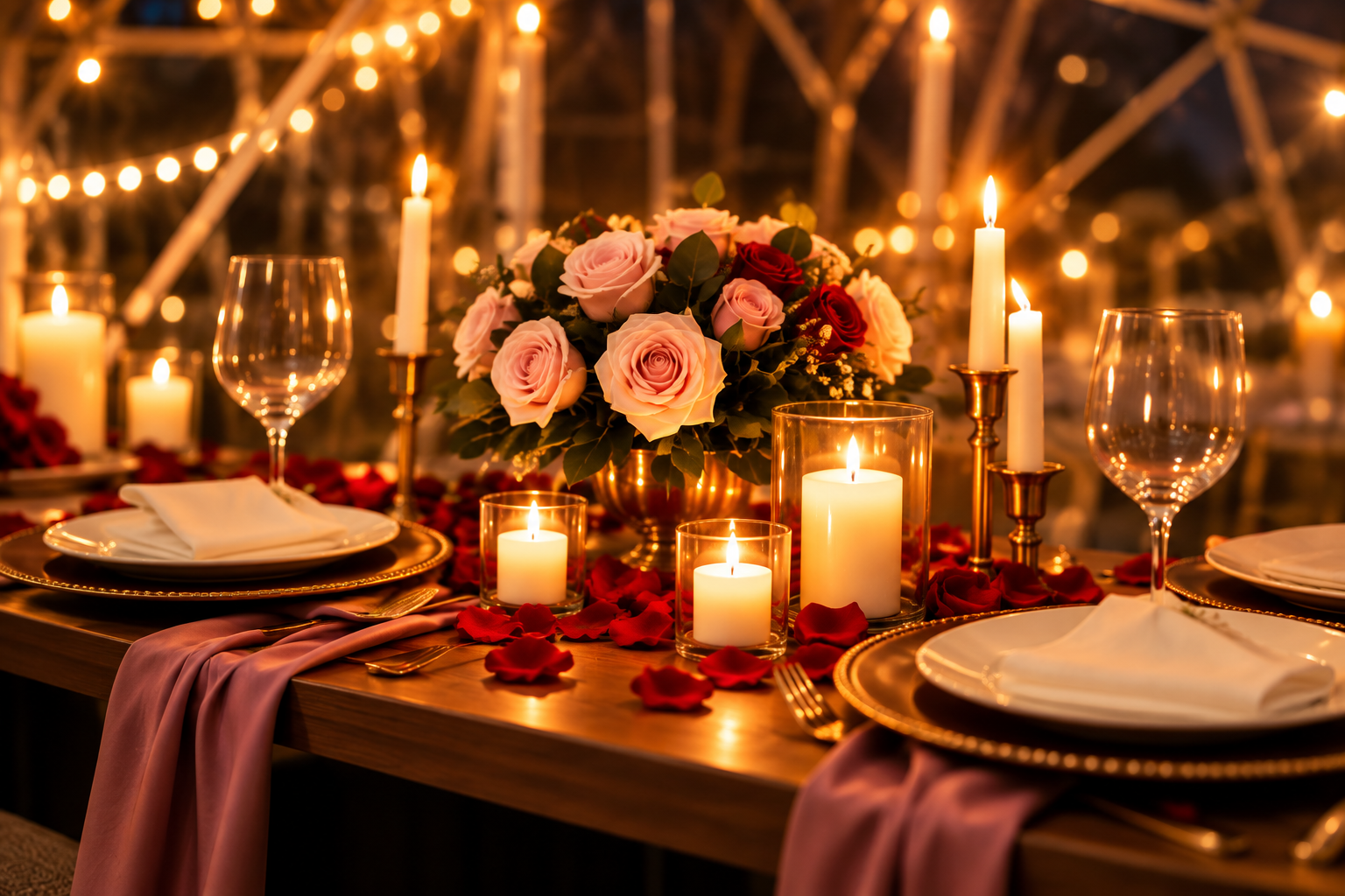 Romantic candlelight dinner setup overlooking Virginia hills
