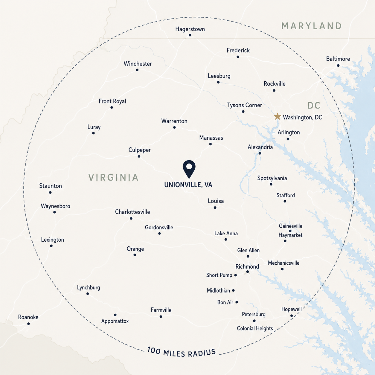 Service areas map — 100 miles around Unionville, Virginia