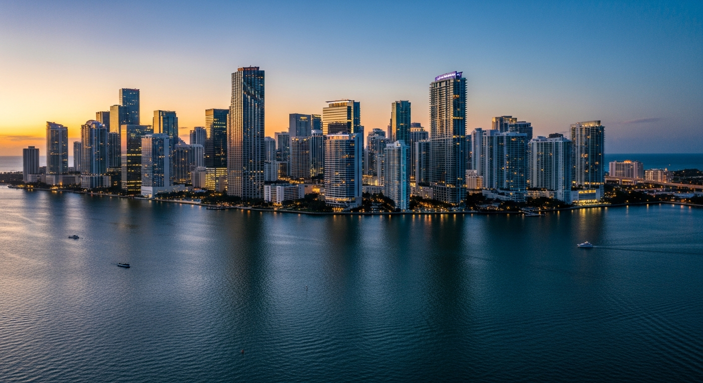 Miami Brickell and Biscayne Bay skyline at dusk