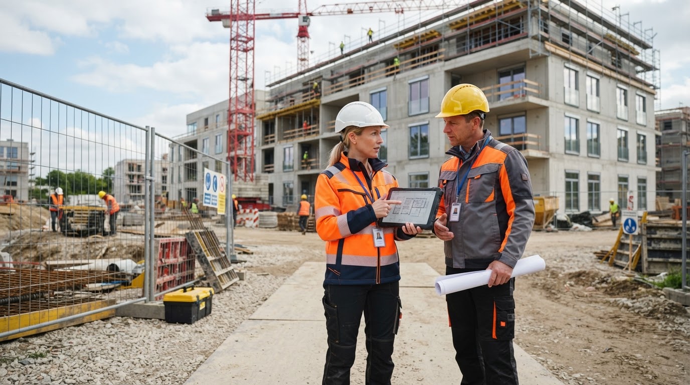 Architektin und Bauleiter besprechen mit Tablet und Bauplänen ein modernes Bauprojekt