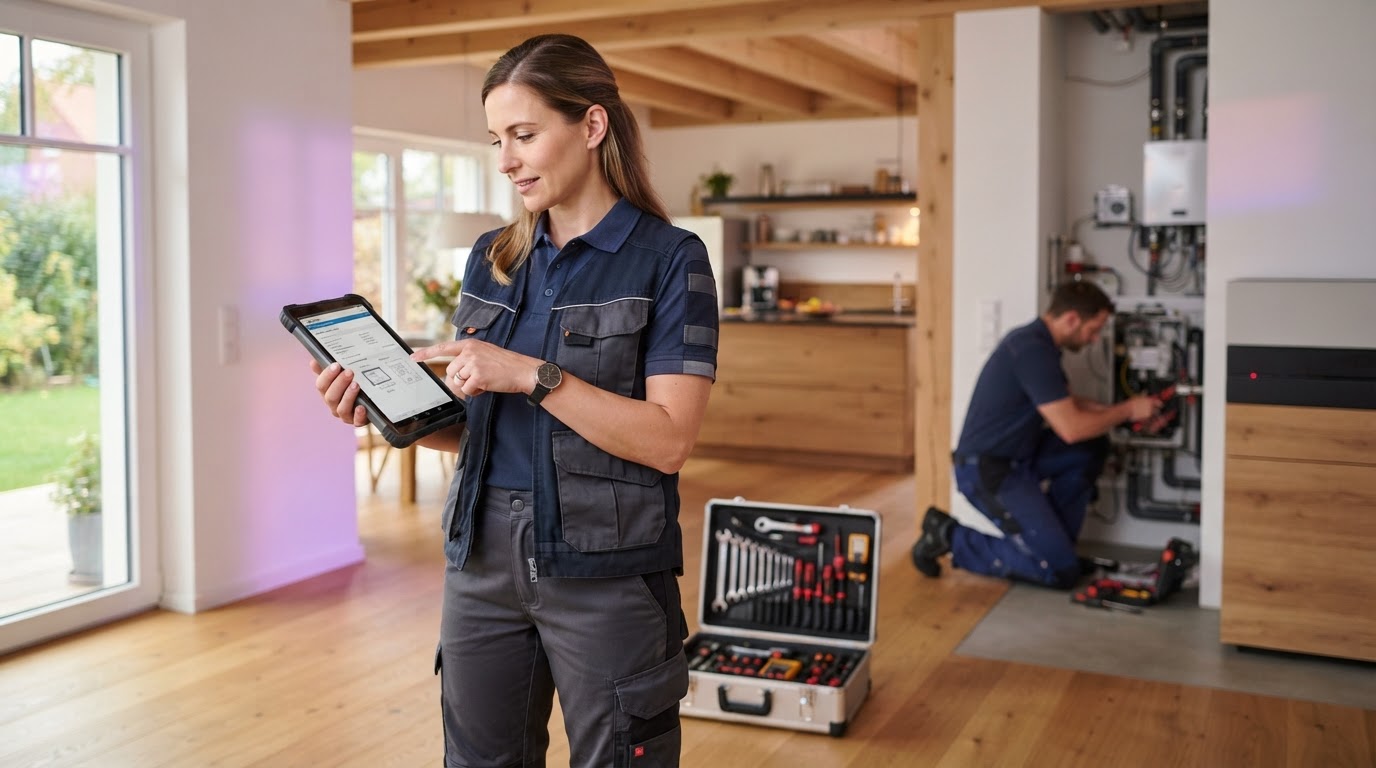 Servicetechniker prüft bei einem Kundeneinsatz einen Arbeitsauftrag auf einem Tablet
