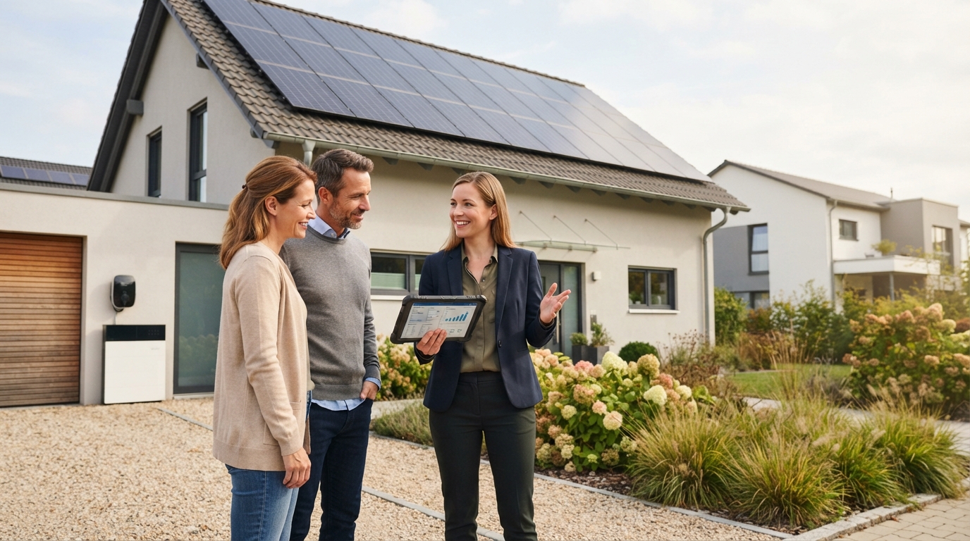 Photovoltaik-Fachberater bespricht mit Hauseigentümern eine Solaranlage vor einem Wohnhaus