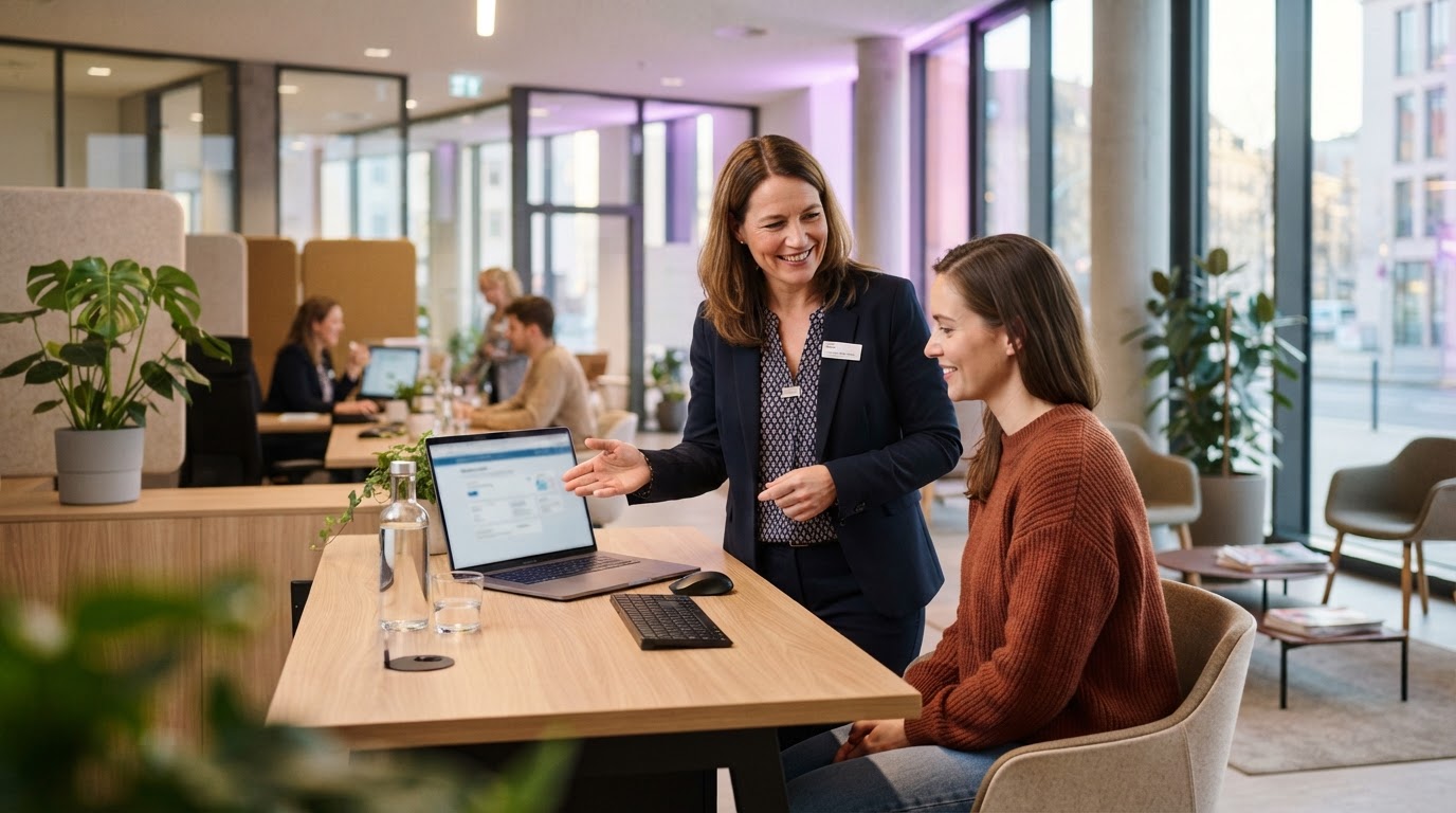 Mitarbeiterin in einem modernen Bürgerbüro berät einen Bürger an einem digitalen Arbeitsplatz