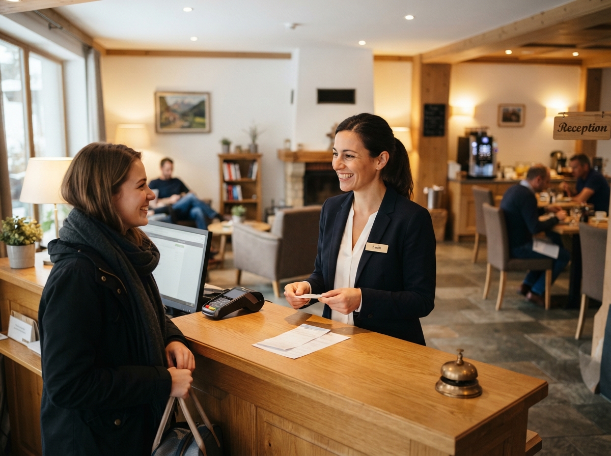 Mitarbeiterin an einer Hotelrezeption im Gespräch mit Gästen
