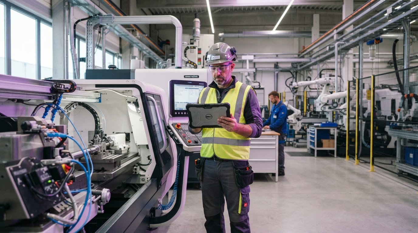 Servicetechniker prüft mit einem Tablet eine Maschine in einem modernen Produktionsbetrieb