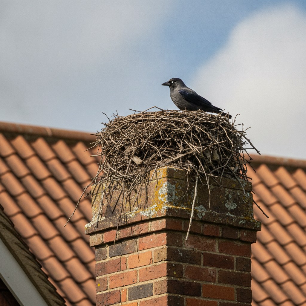 Jackdaw nesting on a chimney pot in Suffolk