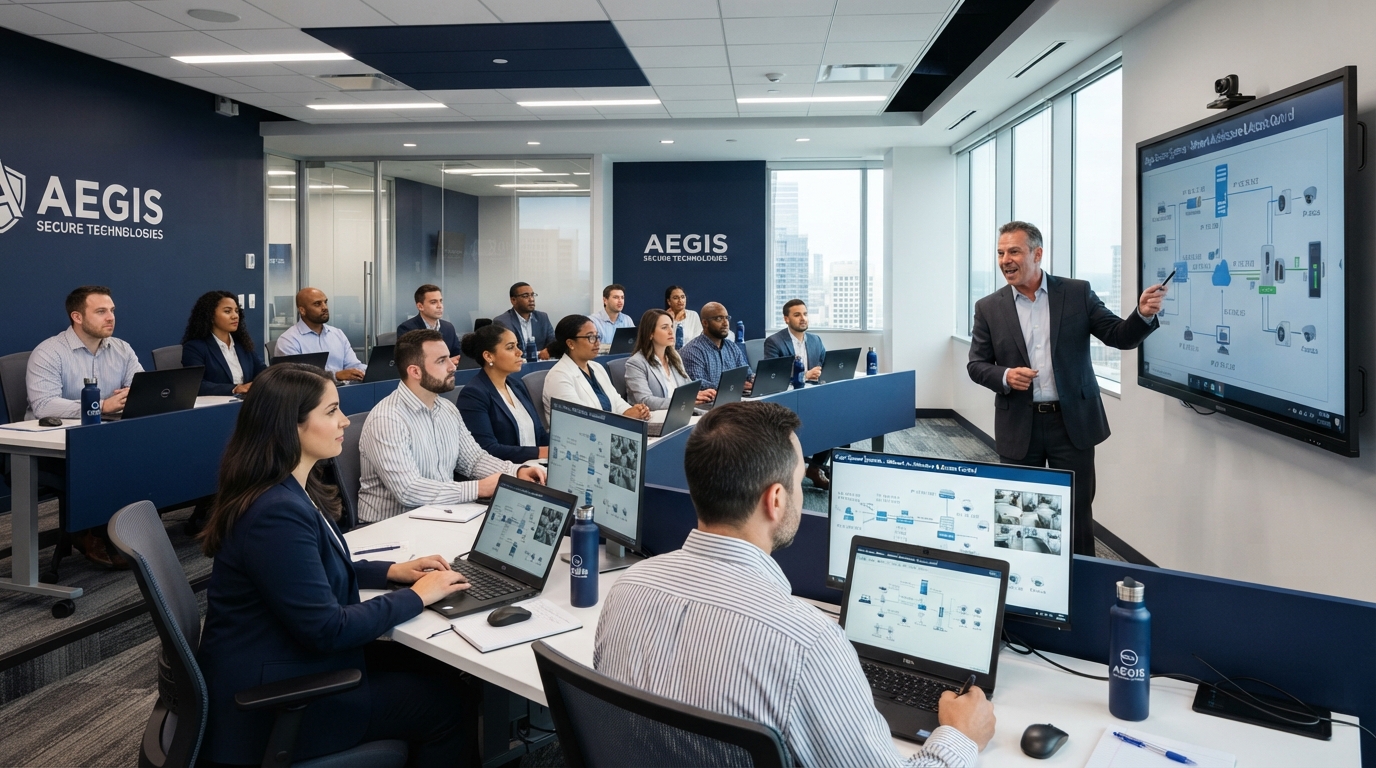 Professional security industry training classroom with instructors and students