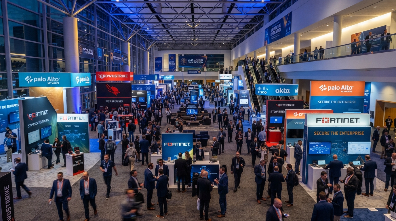 Security industry conference expo hall with attendees networking
