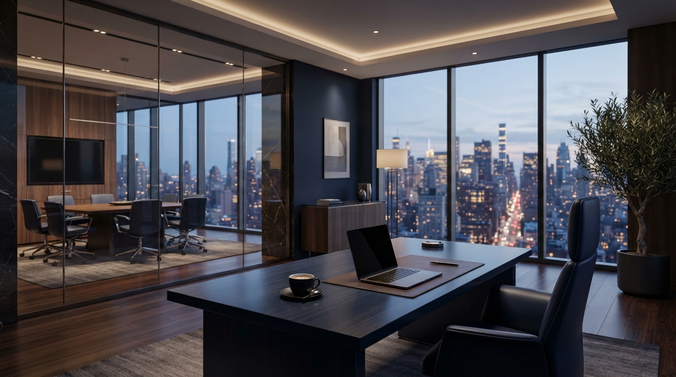 Modern executive office with city skyline view