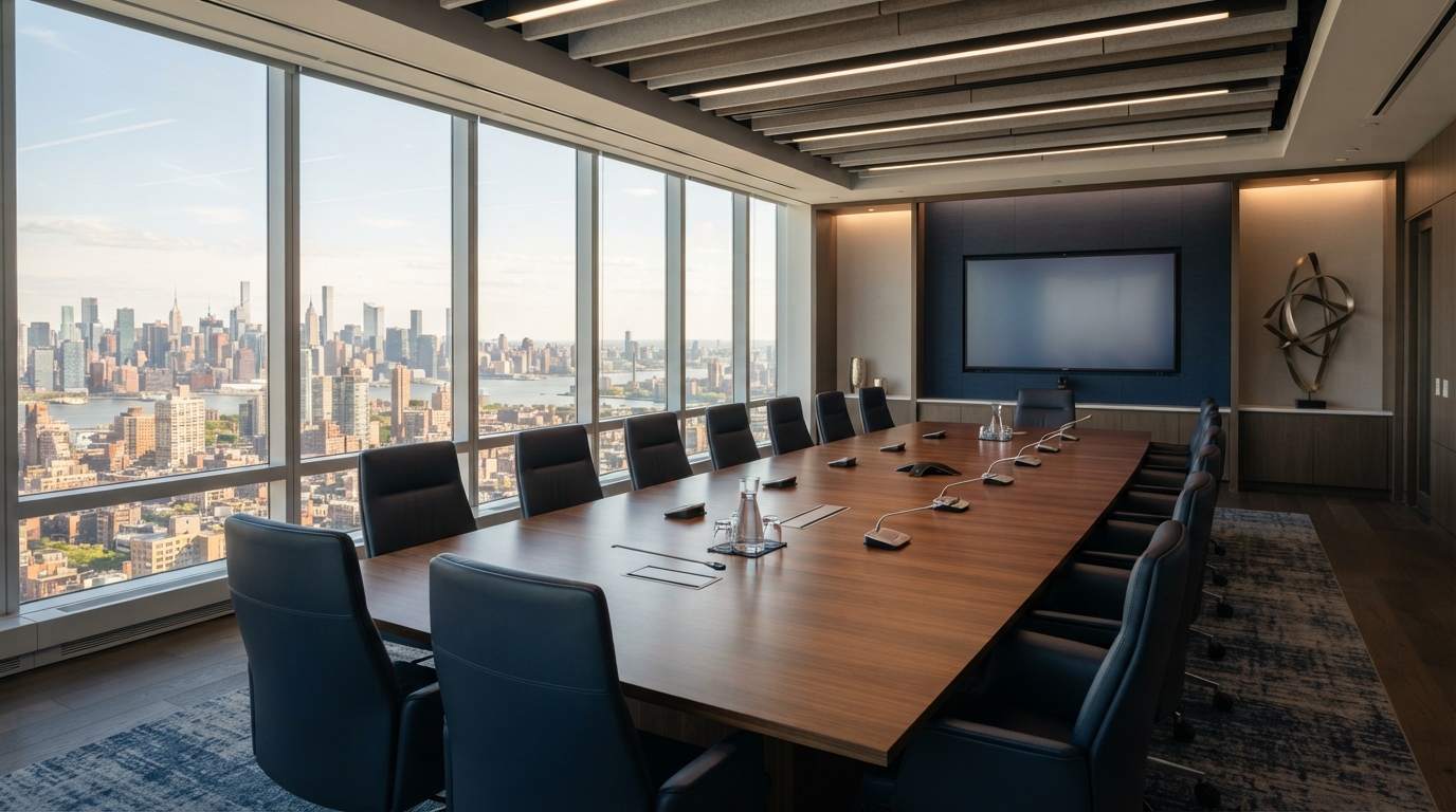 Corporate executive boardroom with city skyline