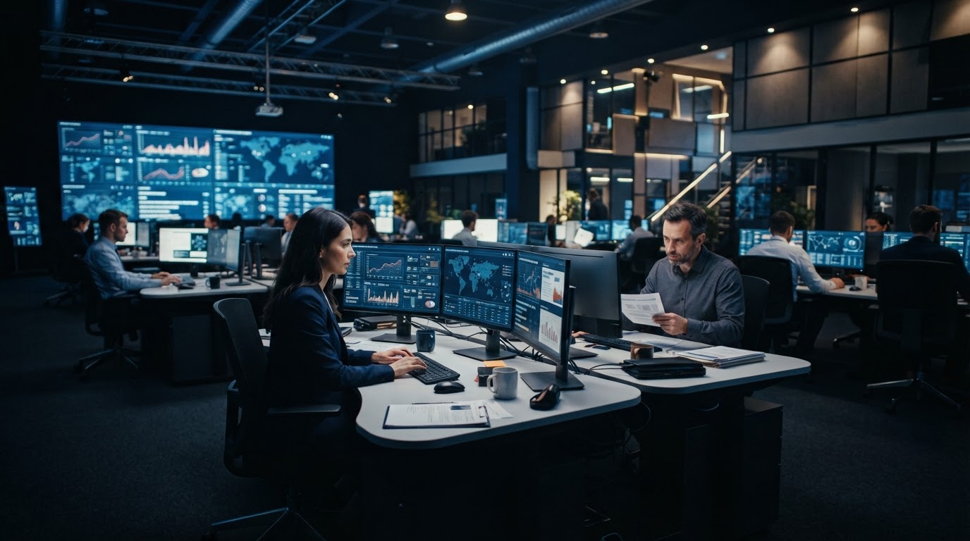 Modern editorial newsroom with screens displaying security industry headlines