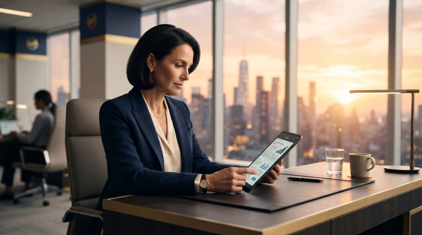 Executive reading a digital newsletter on a Monday morning at a corporate office desk