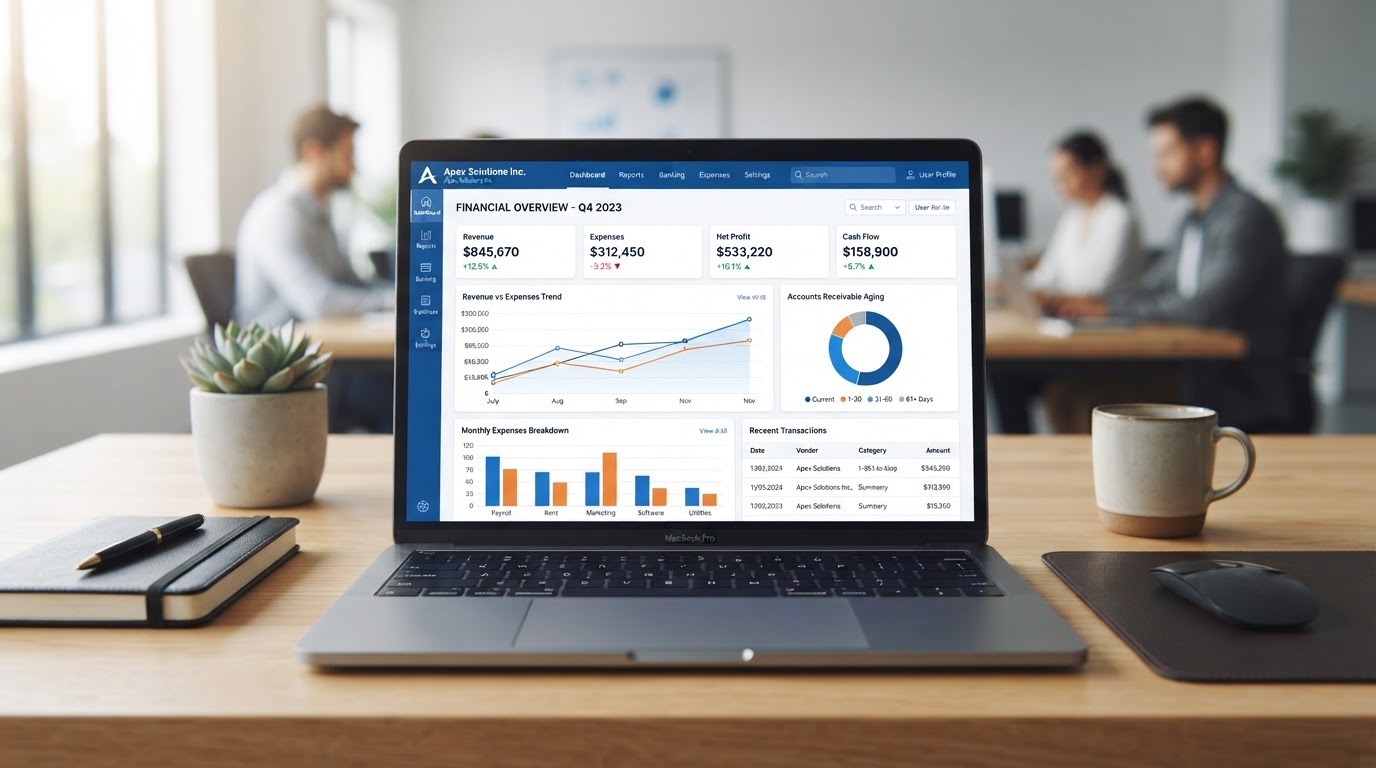 Sistema contable Factus.ec mostrado en una laptop con dashboard financiero
