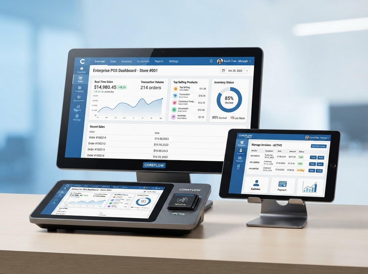 Sistema Punto de Venta Factus.ec mostrado en pantalla con dashboard de ventas e inventario