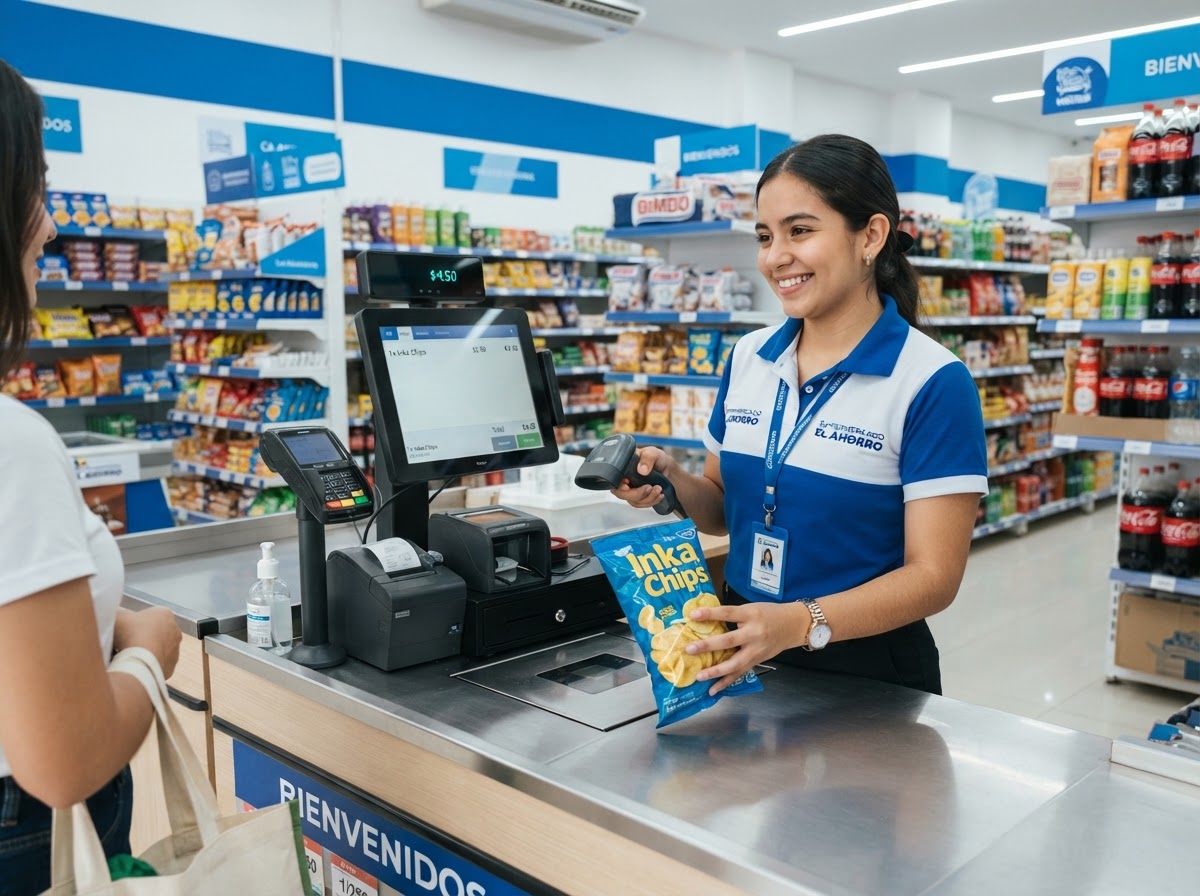 Cajera sonriendo facturando en un punto de venta de un comisariato moderno