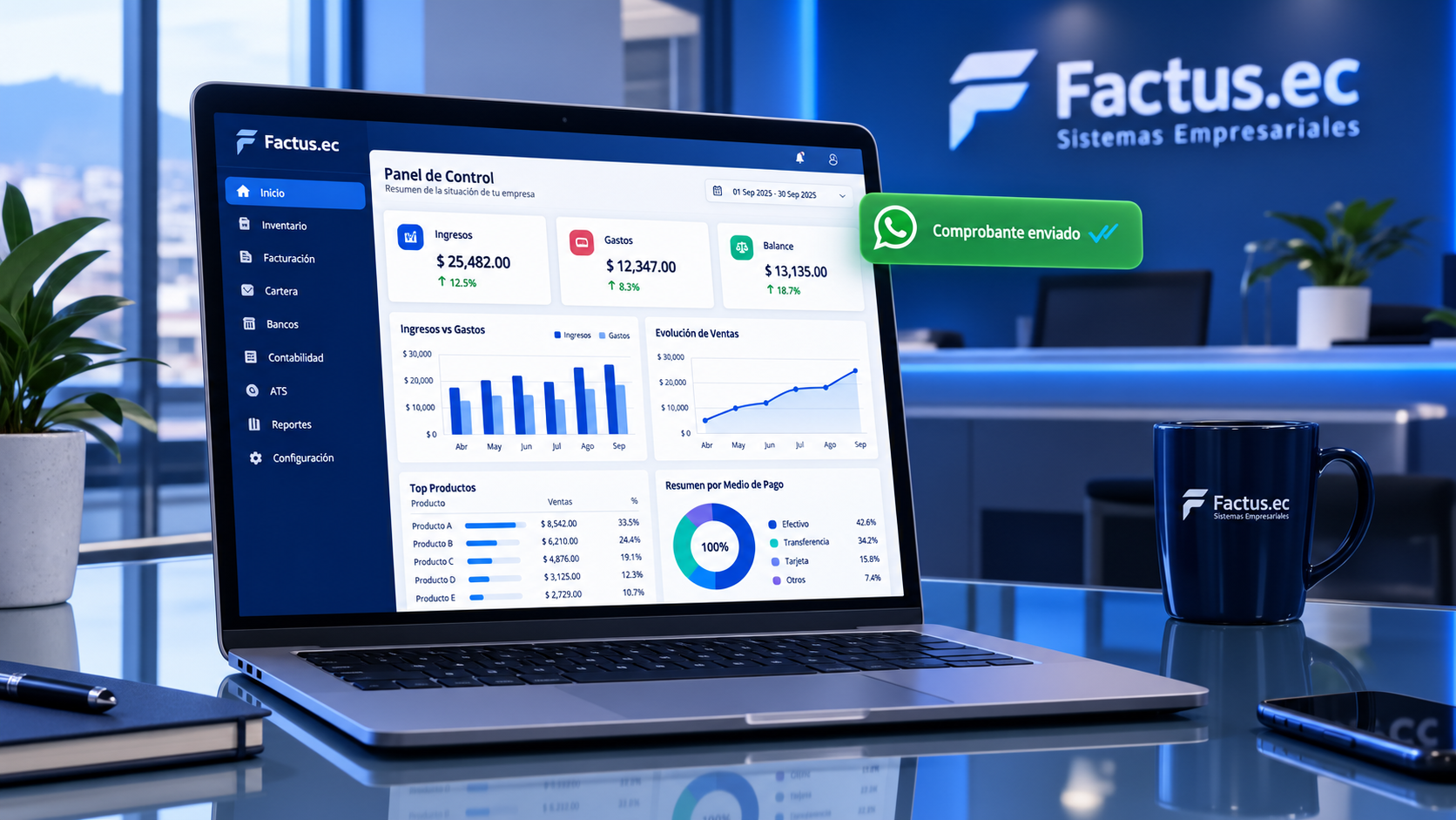 Dashboard de Factus.ec con notificación de comprobante enviado a WhatsApp