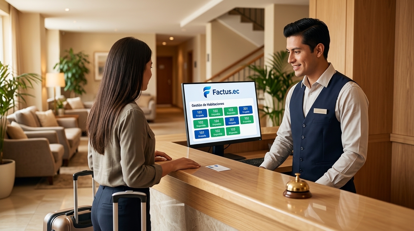 Recepcionista de hotel atendiendo a un huésped con sistema Factus.ec mostrando disponibilidad de habitaciones