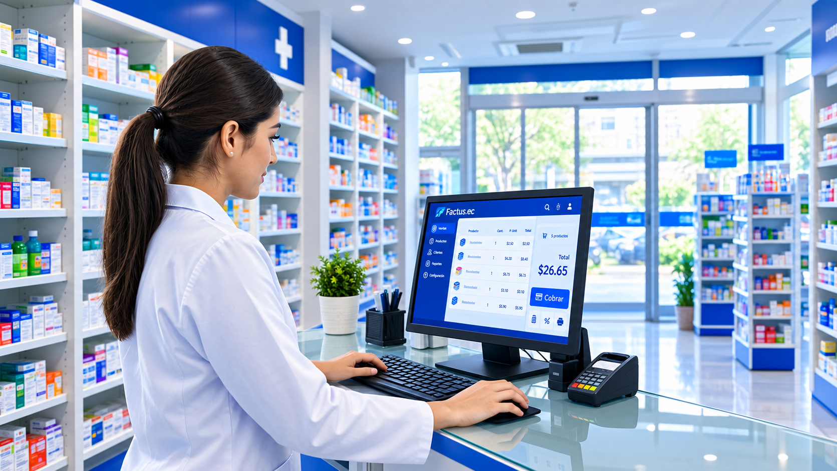 Farmacéutica utilizando Factus.ec en punto de venta