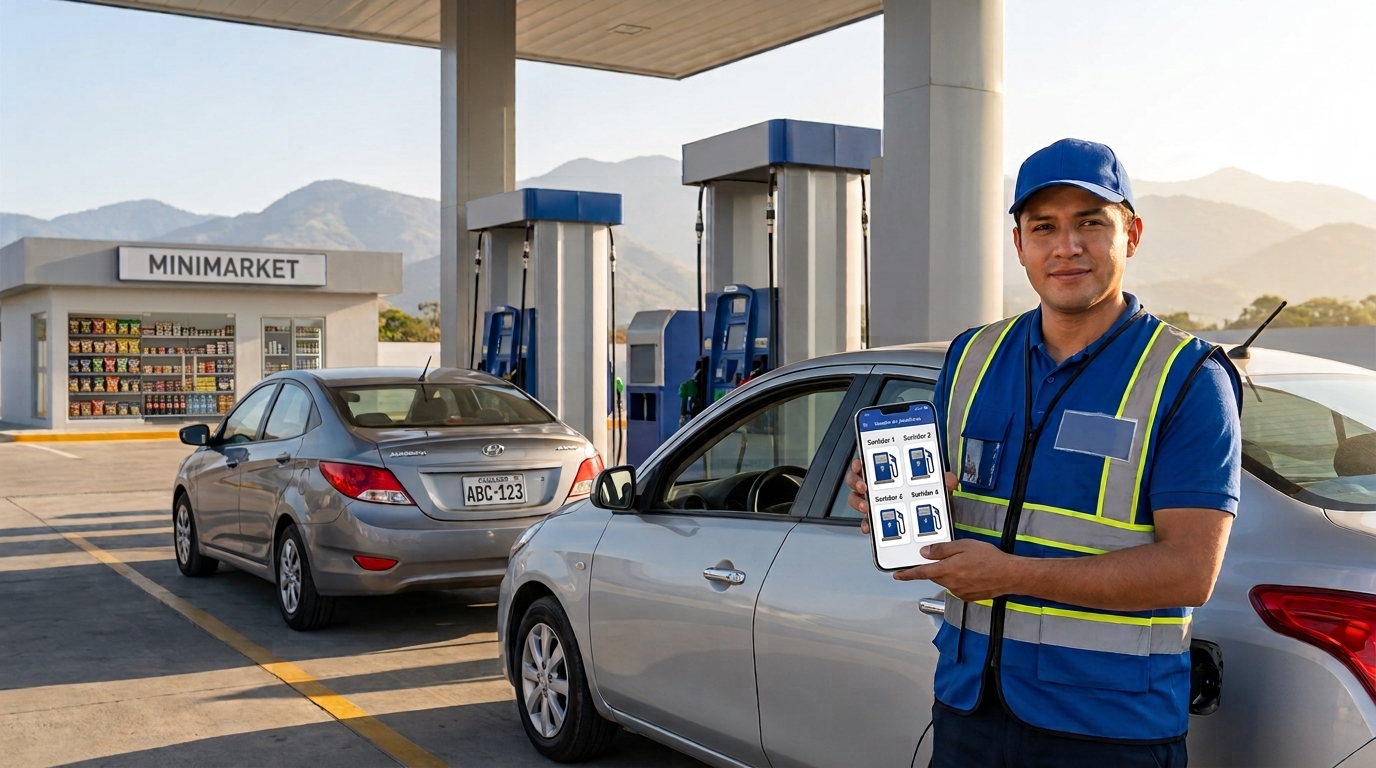 Despachador con tablet mostrando monitoreo de surtidores, junto a vehículos en fila en una gasolinera