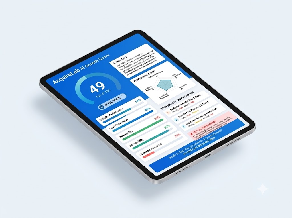 AcquireLab Digital Risk & Growth Audit Report — Results dashboard showing AI Growth Score, Performance Map radar chart, and strategic recommendations on a tablet device