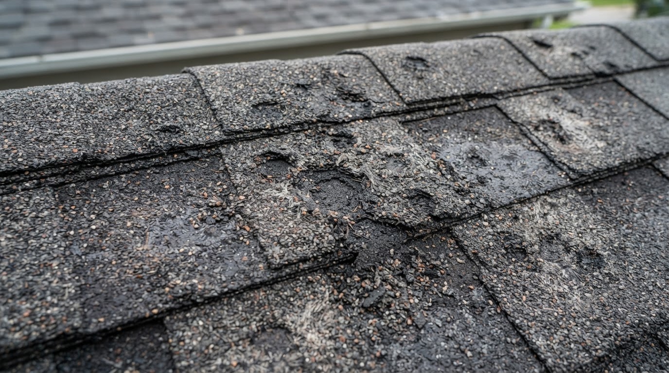 Hail-damaged asphalt shingles showing granule loss and impact marks — storm damage inspection