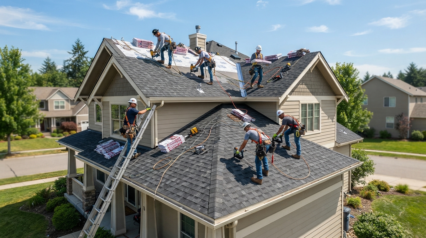 Professional roofing crew installing asphalt shingles on a suburban home