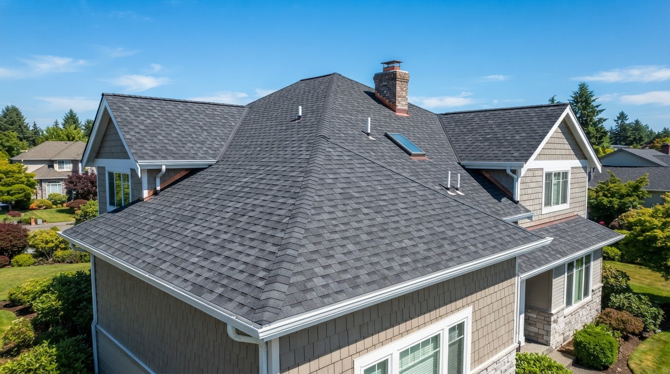 Finished residential roof with new charcoal architectural shingles, clean roofline and ridge vent