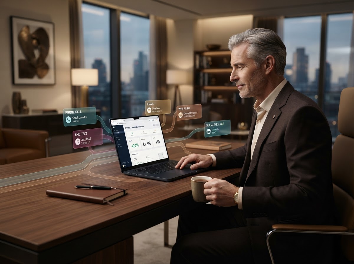 Business owner viewing a connected central dashboard with calls, SMS, email, forms, and social messages converging into one QL Hub workspace