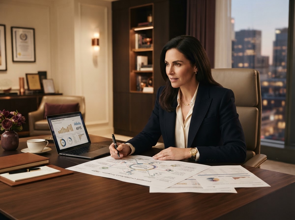Sophisticated business owner reviewing a strategy map at an executive desk in a premium consulting environment