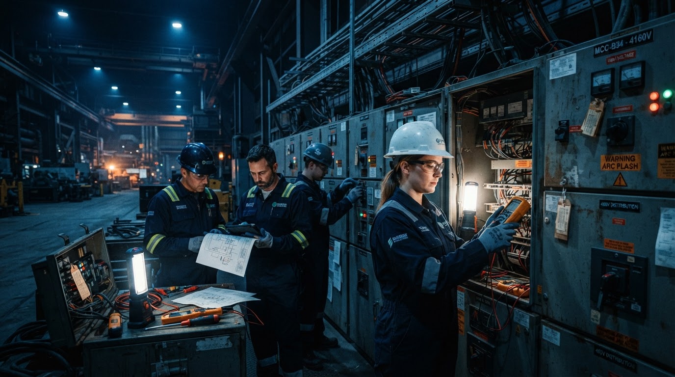 Equipe técnica trabalhando em painel elétrico industrial