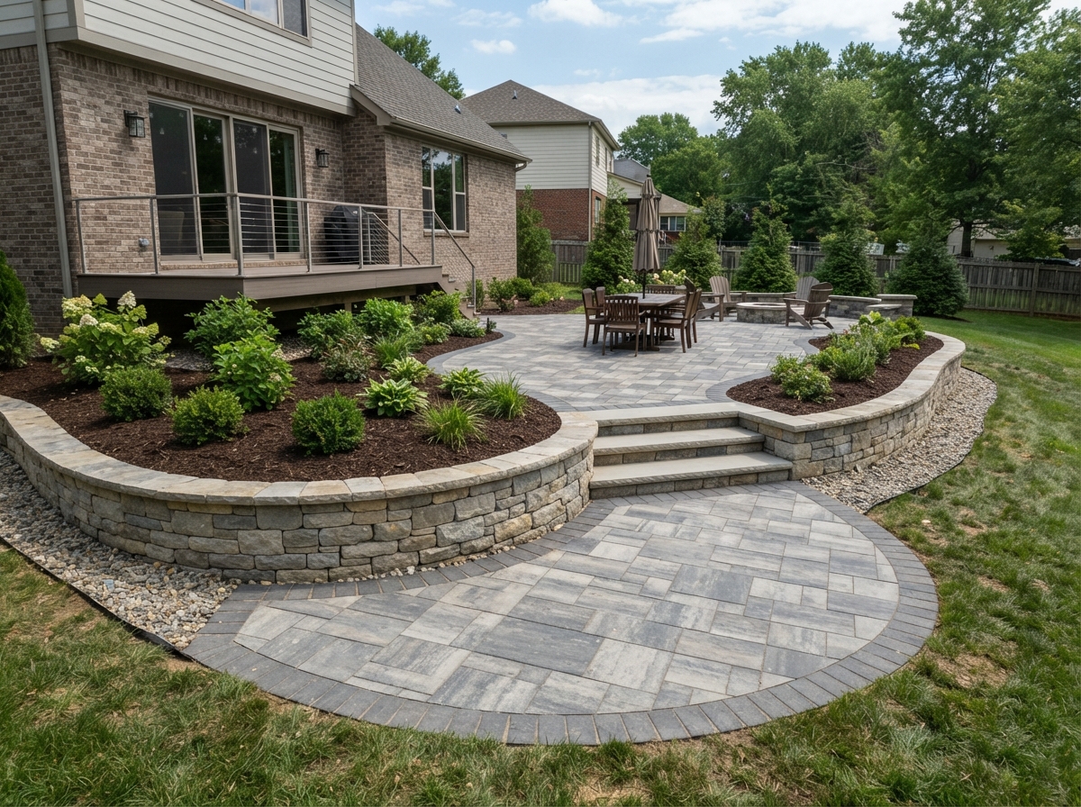 Finished hardscaping job with stone retaining wall and paver walkway