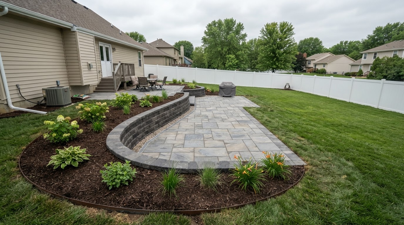 Completed landscaping job with paver patio and retaining wall