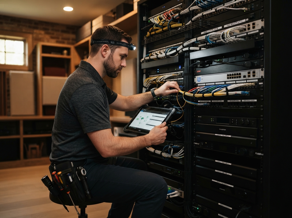 Smart Home DFW technician troubleshooting an organized residential AV and network equipment rack