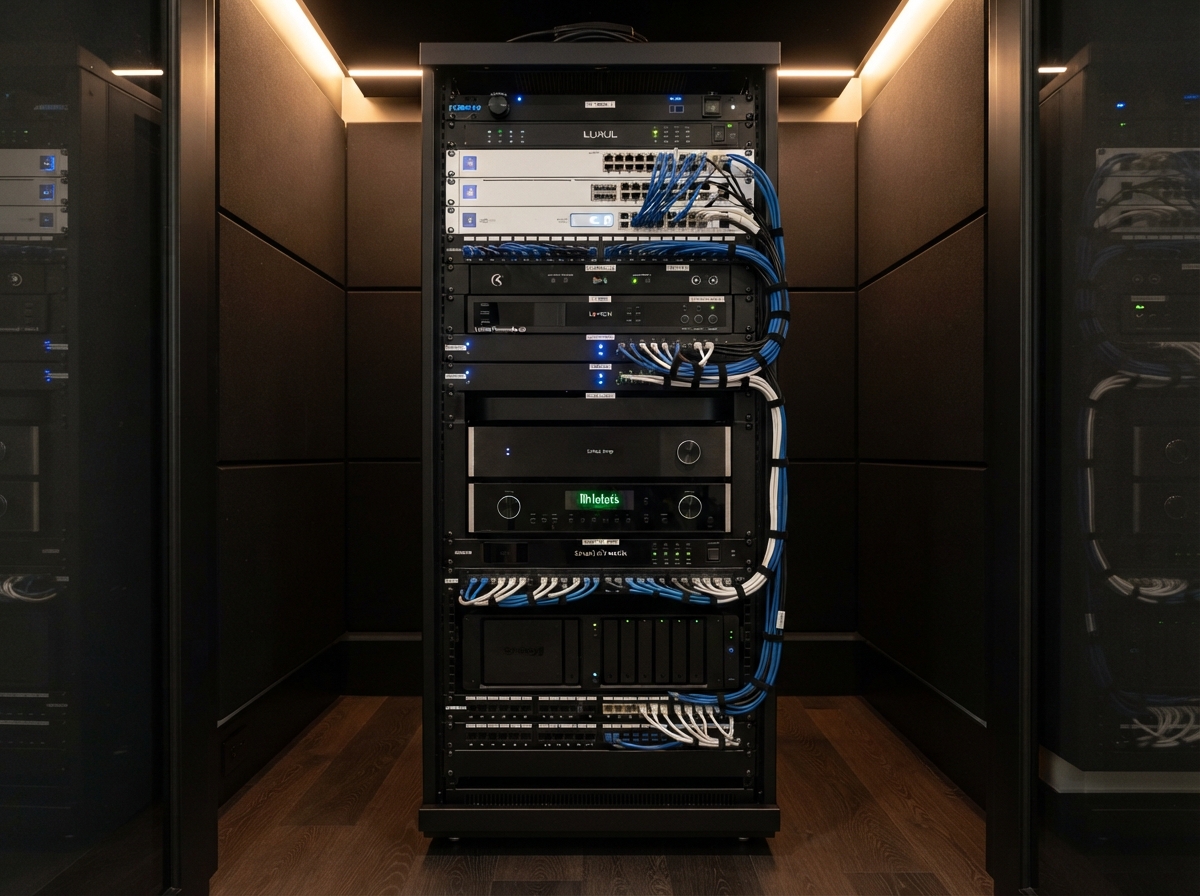 Organized residential technology rack with labeled network and audio equipment
