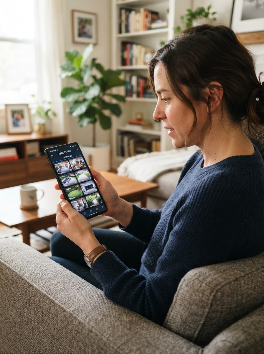 Homeowner naturally checking a professional security camera app on her smartphone showing multiple live camera thumbnails in a grid layout