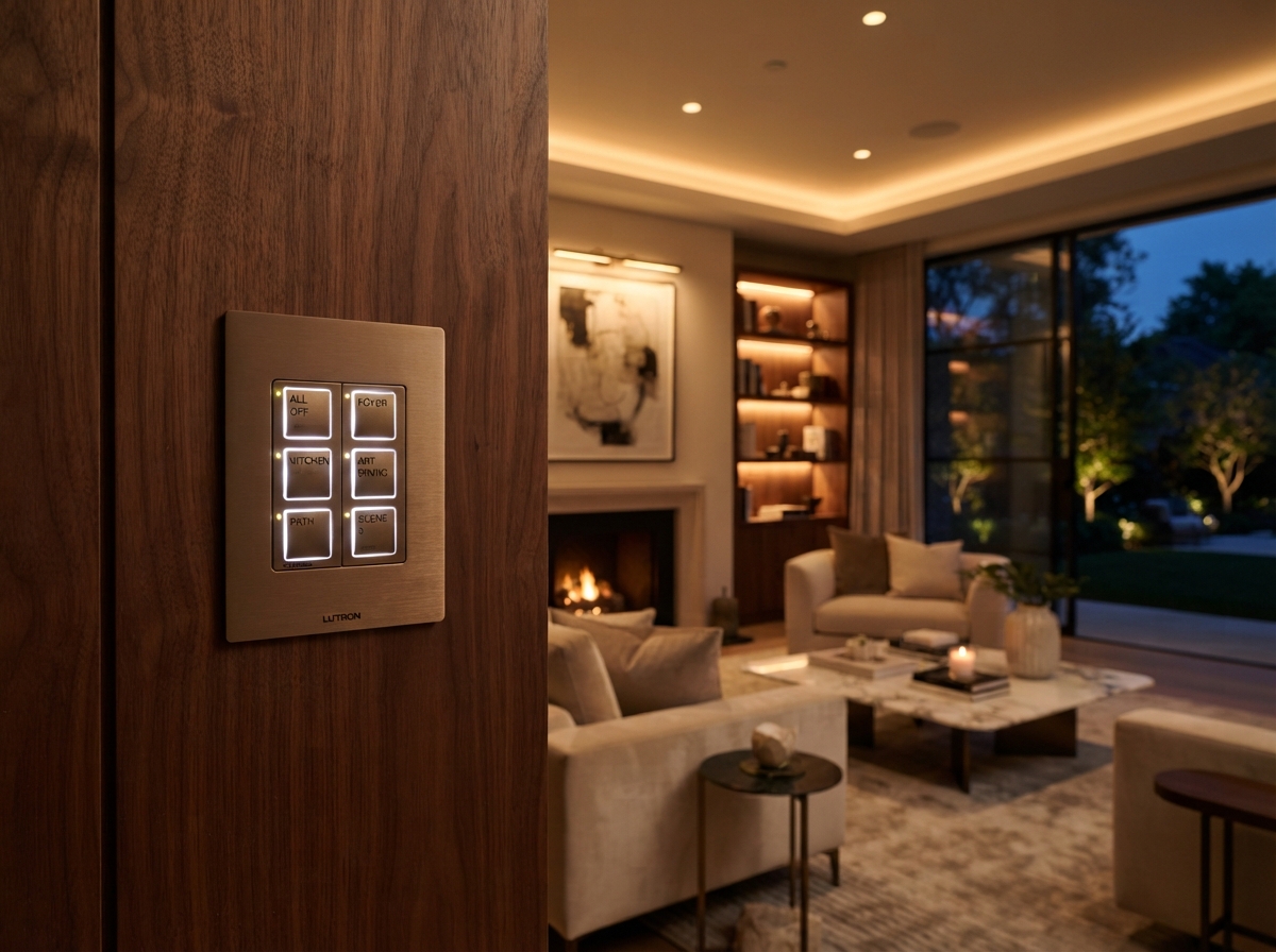 Luxury residential interior at dusk with a prominently visible modern lighting control keypad mounted on the wall for scene control